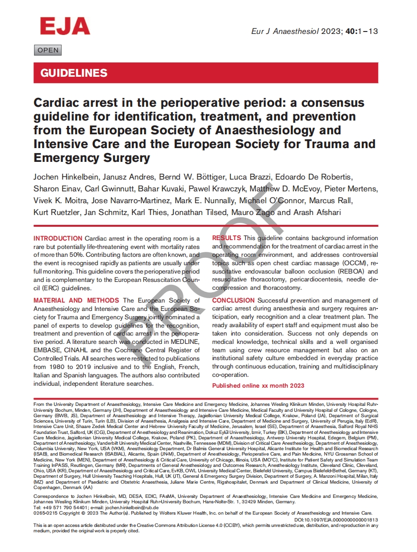 ESAIC／ESTES共识指南：围术期心脏骤停的识别、治疗和预防