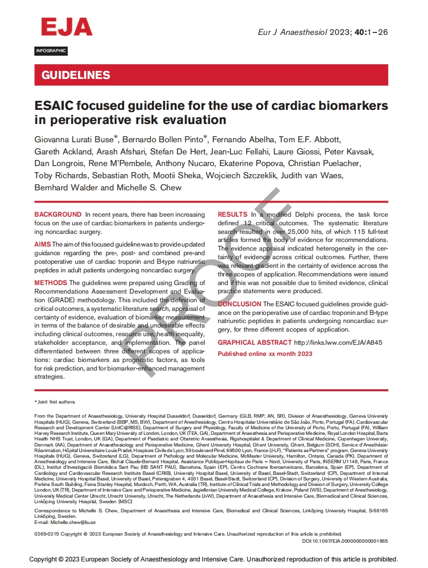 ESAIC指南：心脏生物标志物在围手术期风险评估中的应用