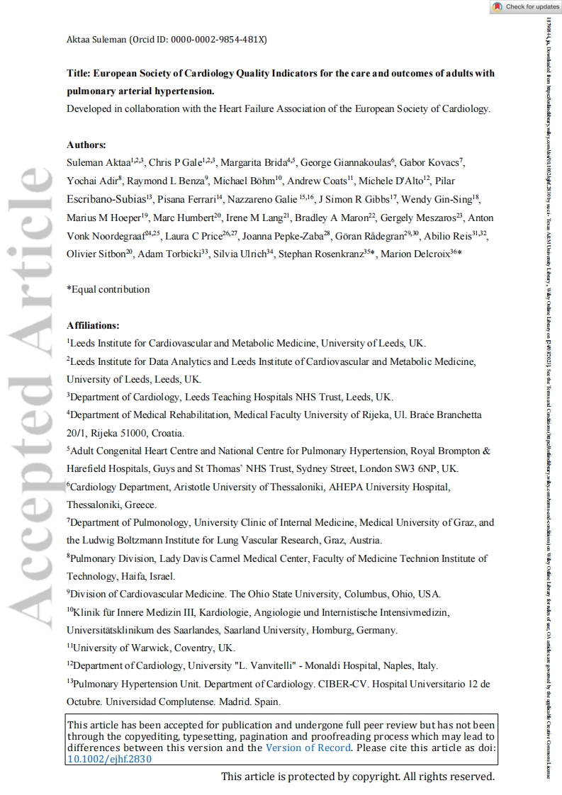 ESC 立场文件：成人肺动脉高压的护理和结果质量指标