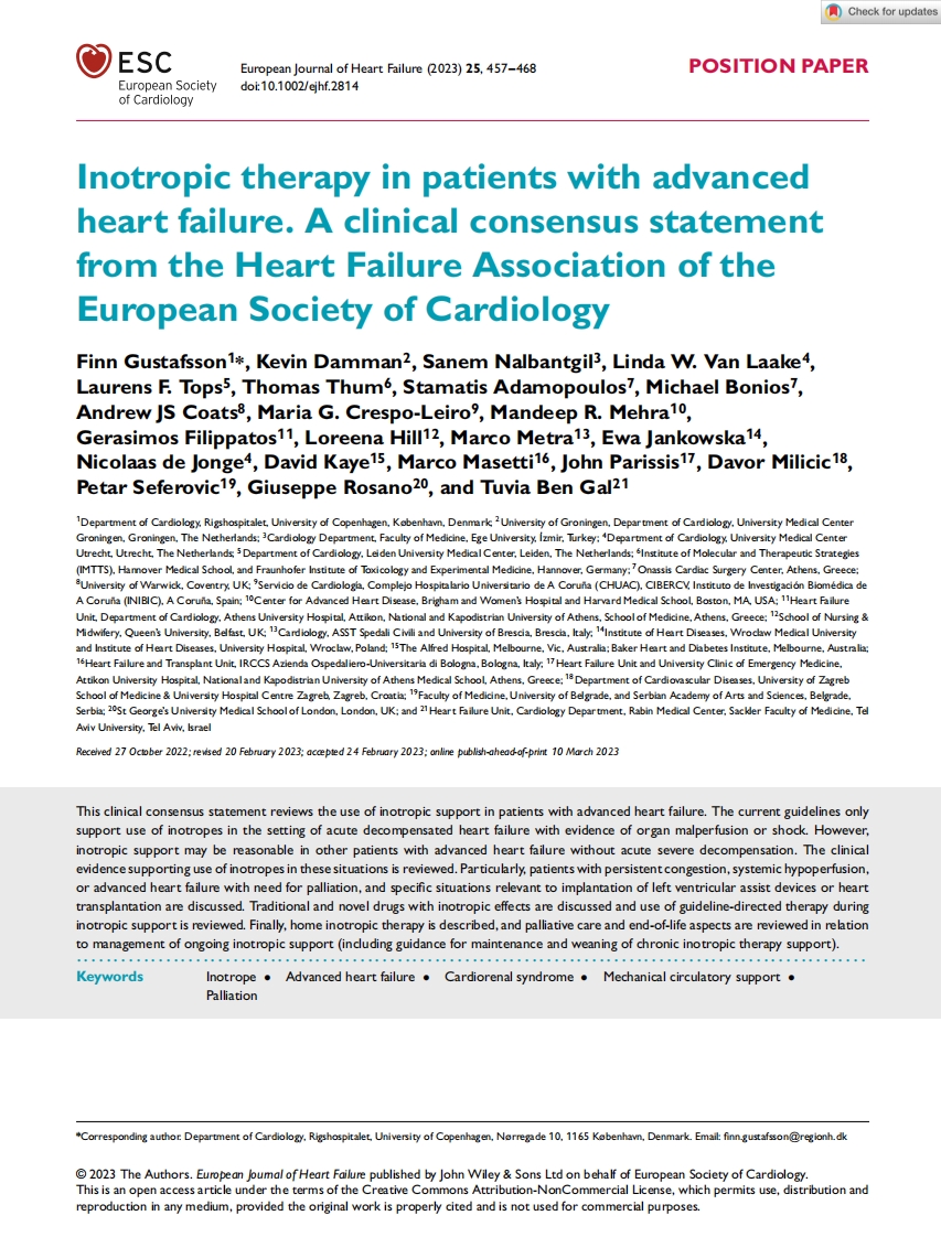 ESC-HFA临床共识声明：晚期心力衰竭患者正性肌力治疗