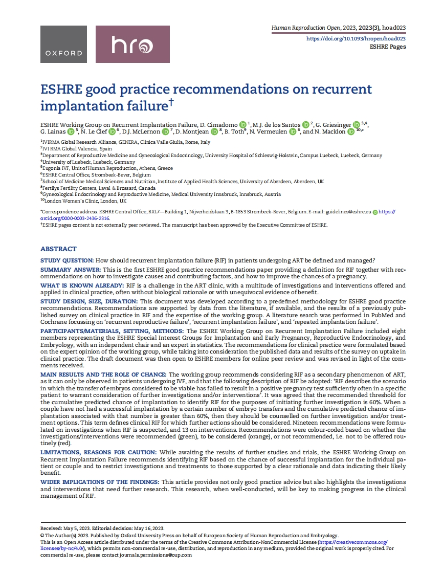 ESHRE实践建议：反复植入失败