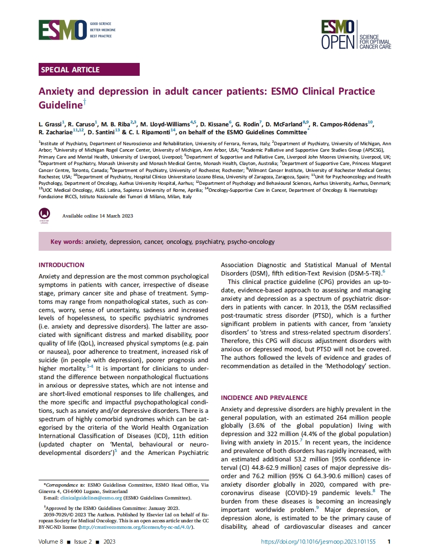 ESMO临床实践指南：成人癌症患者的焦虑和抑郁
