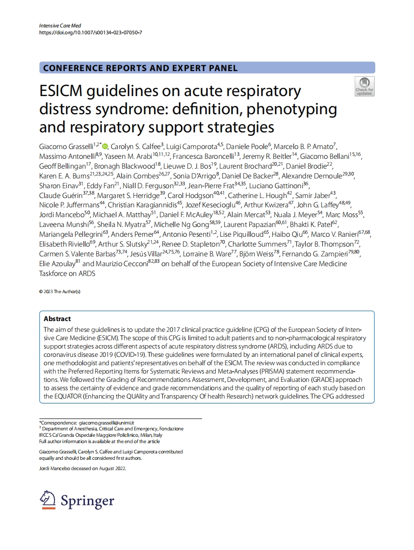 ESICM指南：急性呼吸窘迫综合征的定义，表型和呼吸支持策略
