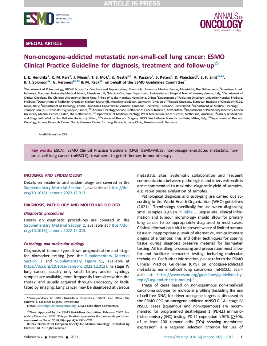 ESMO临床实践指南：非致癌基因依赖转移性非小细胞肺癌的诊断，治疗和随访