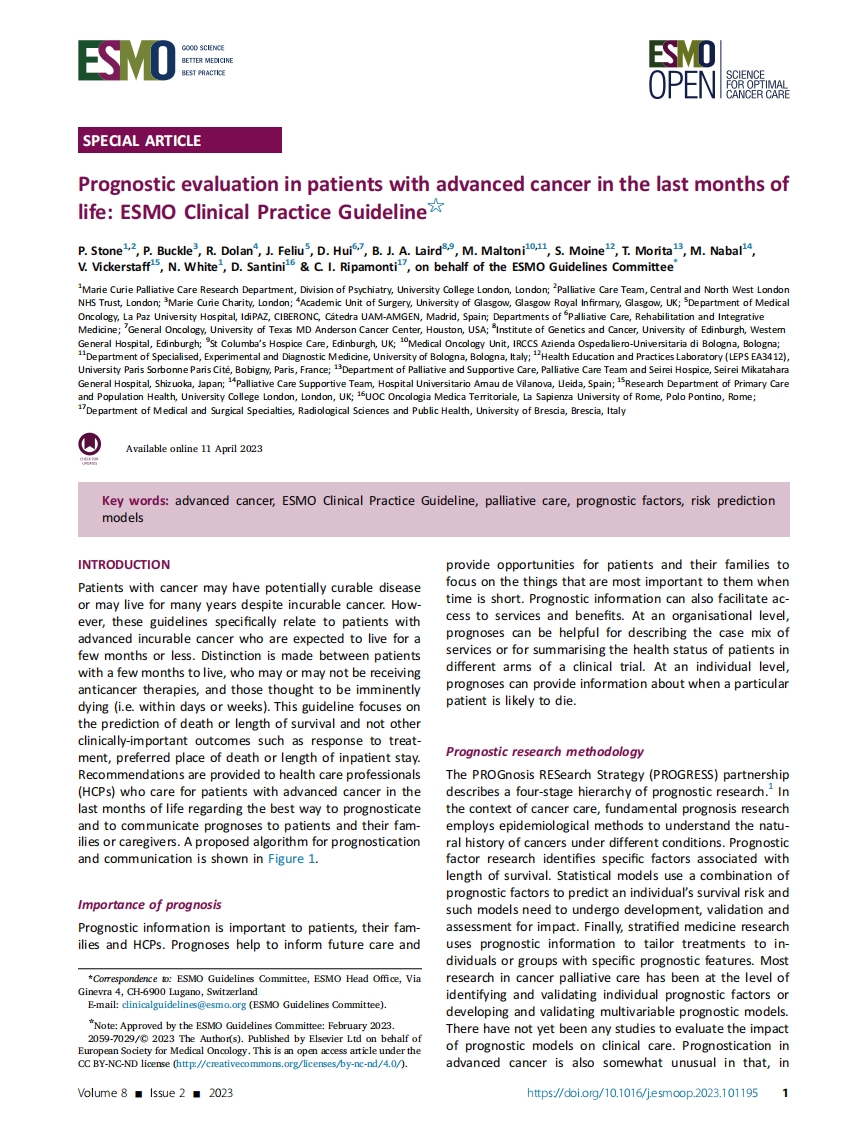 ESMO临床实践指南：晚期癌症患者生命最后几个月的预后评估