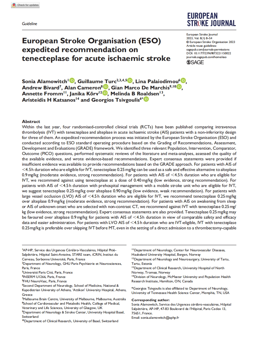 ESO快速建议：替奈普酶治疗急性缺血性卒中