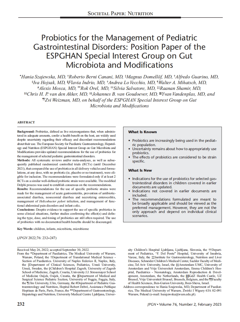 ESPGHAN意见书：益生菌治疗小儿胃肠疾病