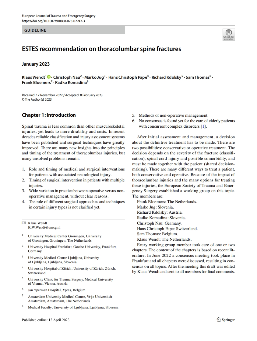 ESTES建议：胸腰椎骨折