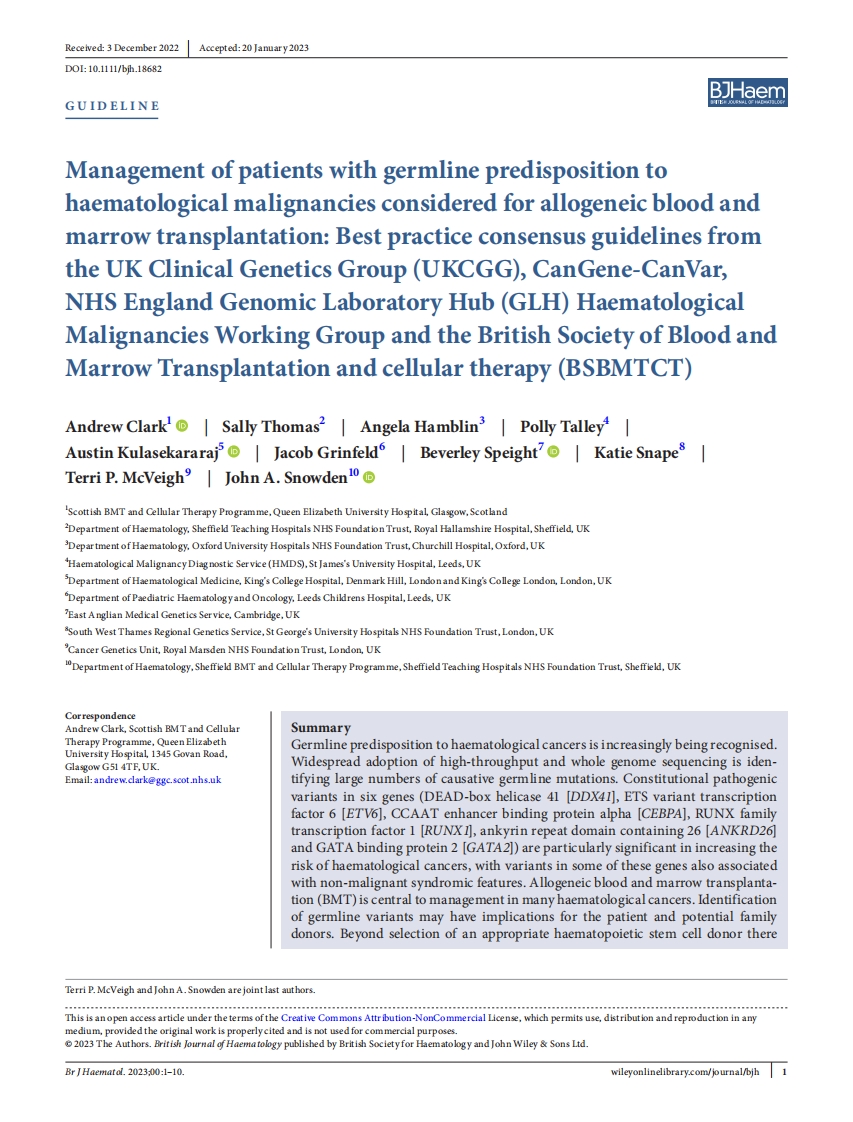 UKCGG实践共识指南：具有胚系易患因素的血液恶性肿瘤患者考虑同种异体血液和骨髓移植的管理