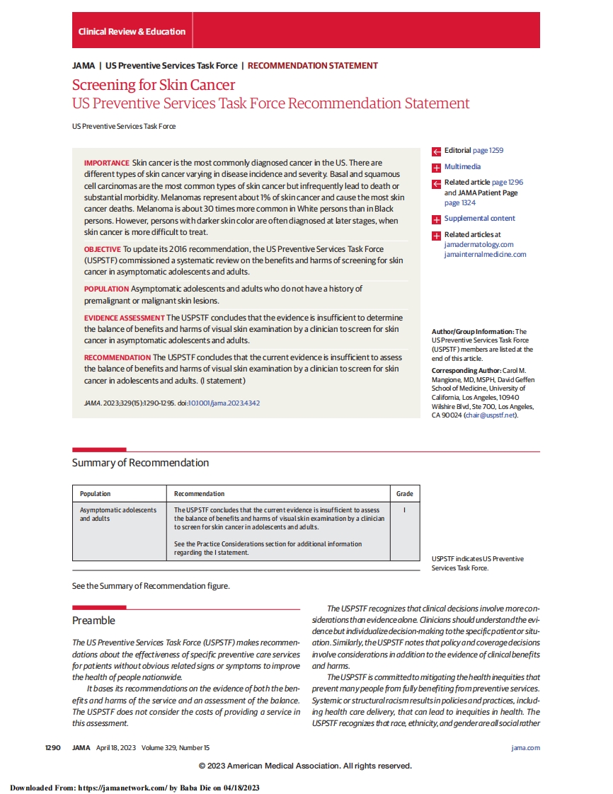 USPSTF建议声明：皮肤癌的筛查