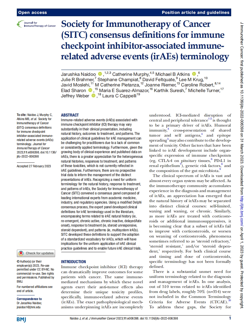 癌症免疫治疗学会(SITC)对免疫检查点抑制剂相关免疫不良事件(irAEs)术语的共识定义