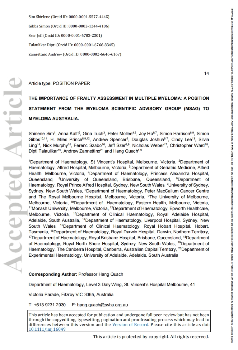 澳大利亚骨髓瘤科学咨询小组(MSAG)对骨髓瘤的立场声明：多发性骨髓瘤脆弱性评估的重要性