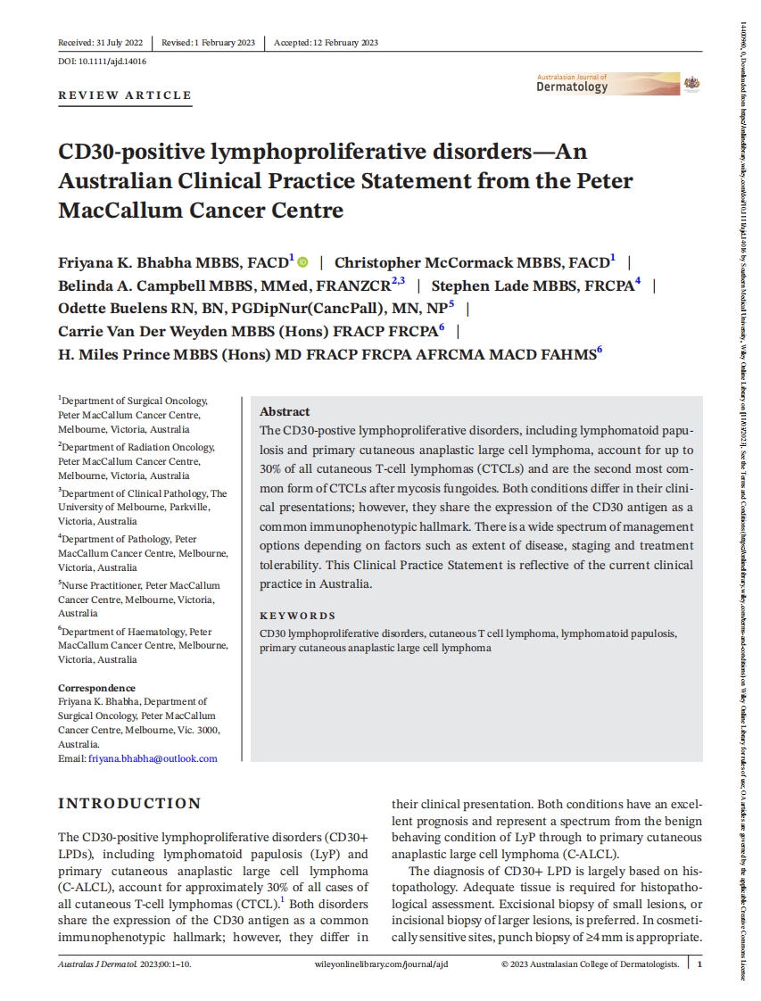 彼得·麦卡勒姆癌症中心发表的澳大利亚临床实践声明：CD30阳性淋巴细胞增殖性疾病