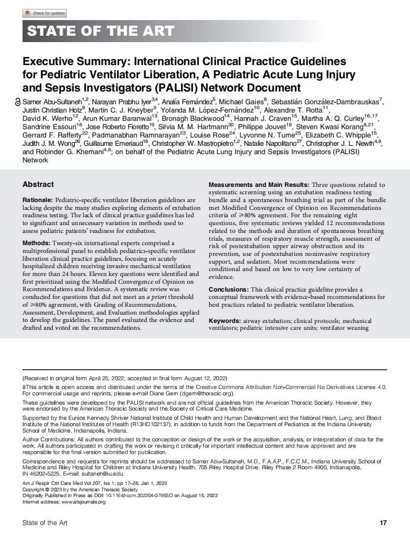 国际临床实践指南：儿童呼吸机撤机(概要)