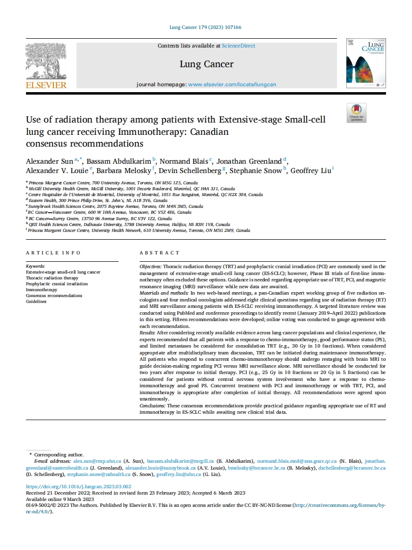 加拿大共识建议：接受免疫治疗的广泛期小细胞肺癌患者放射治疗的应用