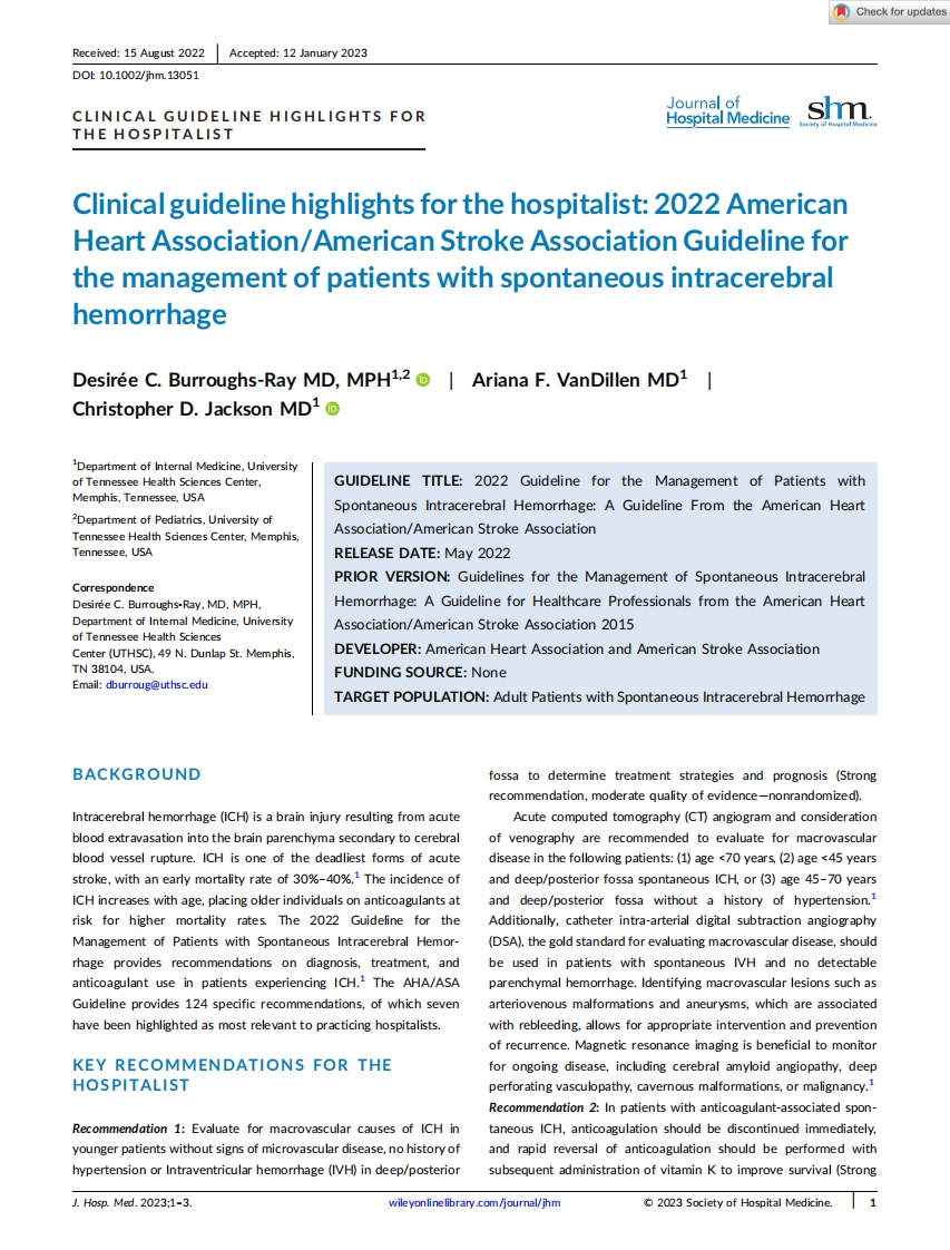面向住院医生的临床指南要点：2022 年美国心脏协会美国卒中协会自发性脑出血患者管理指南