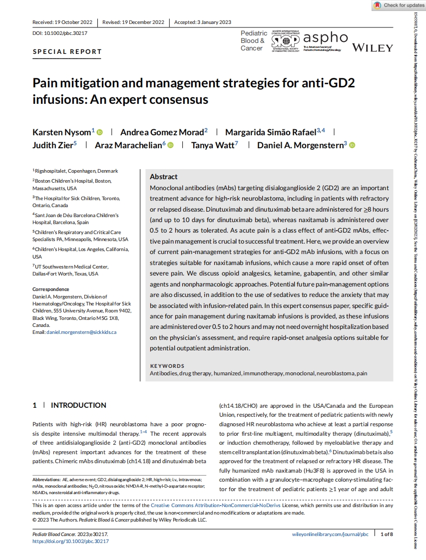 2023 专家共识：抗GD2输注的疼痛缓解和管理策略
