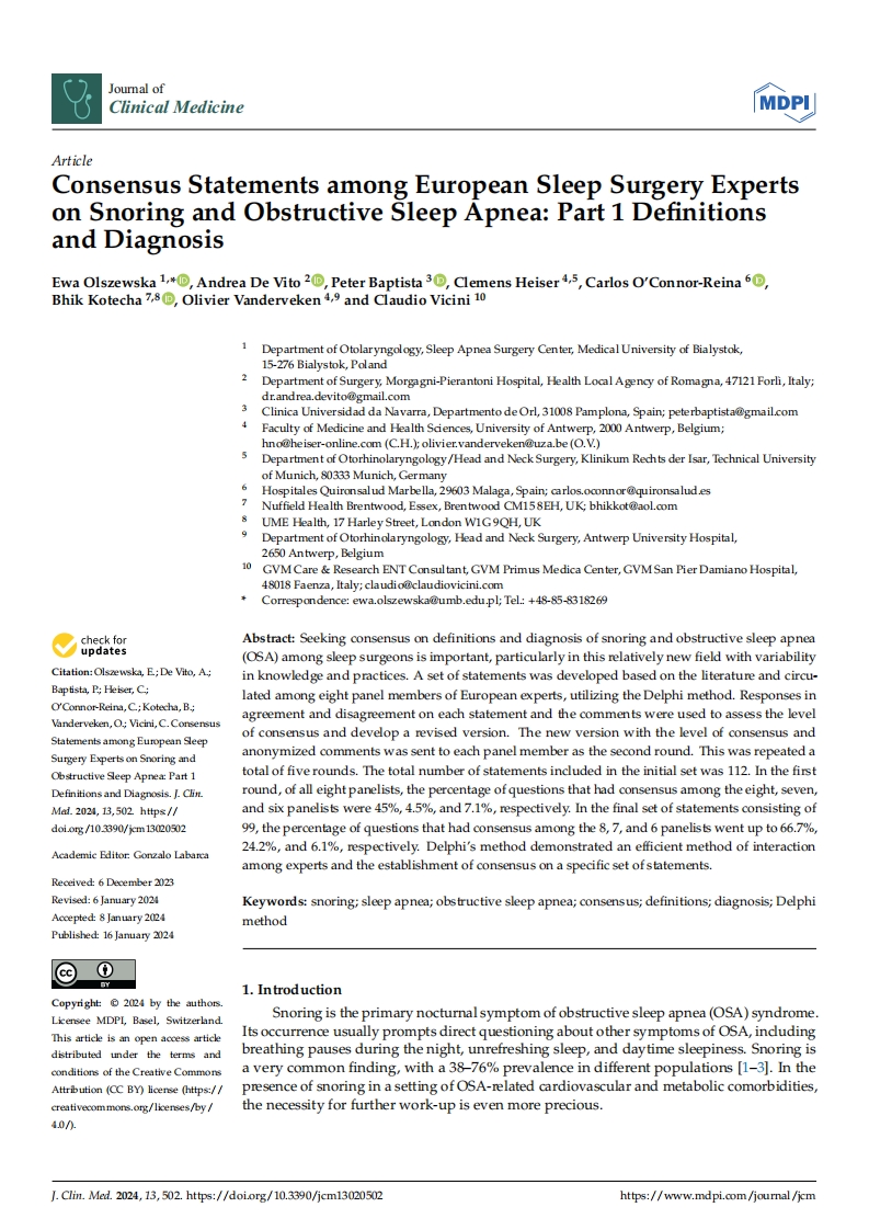 2024+欧洲睡眠外科专家共识声明：打鼾和阻塞性睡眠呼吸暂停—第1部分：定义和诊断