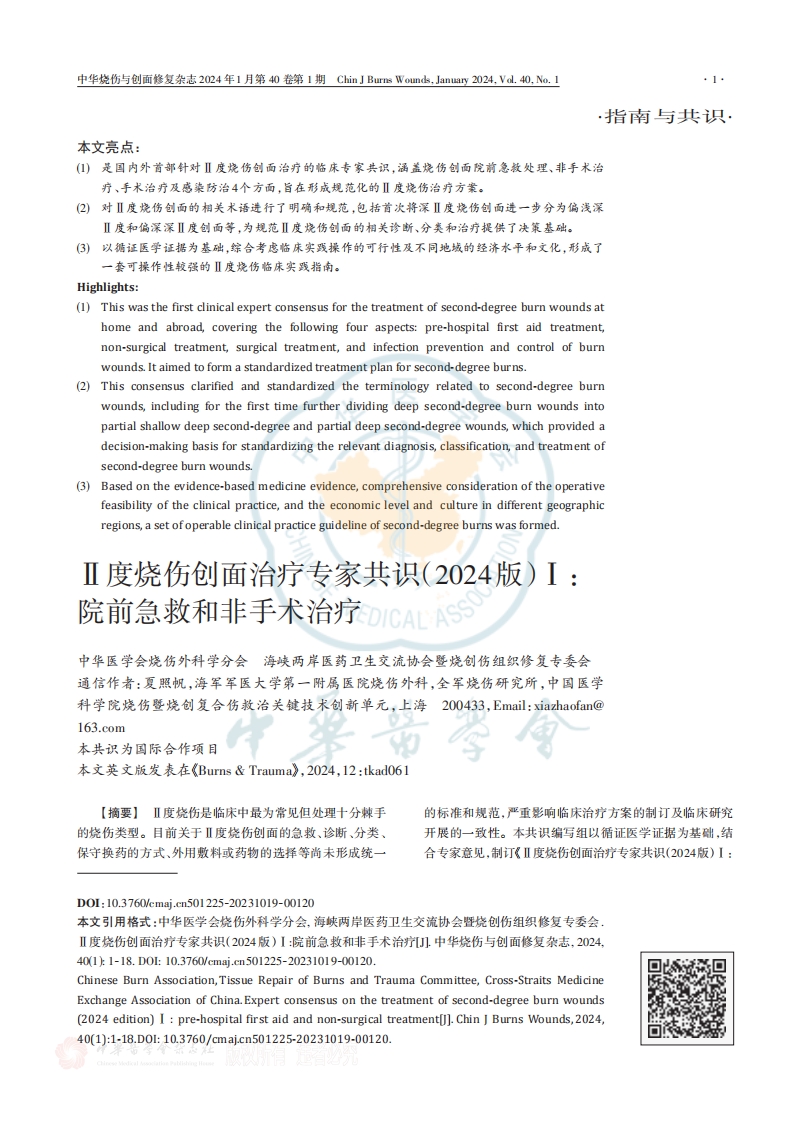 Ⅱ度烧伤创面治疗专家共识（2024版）Ⅰ：院前急救和非手术治疗