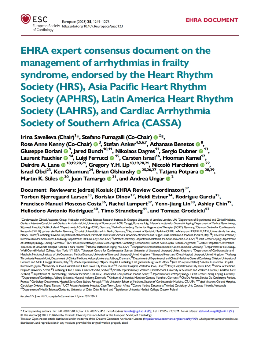 EHRA专家共识：衰弱综合征心律失常的管理
