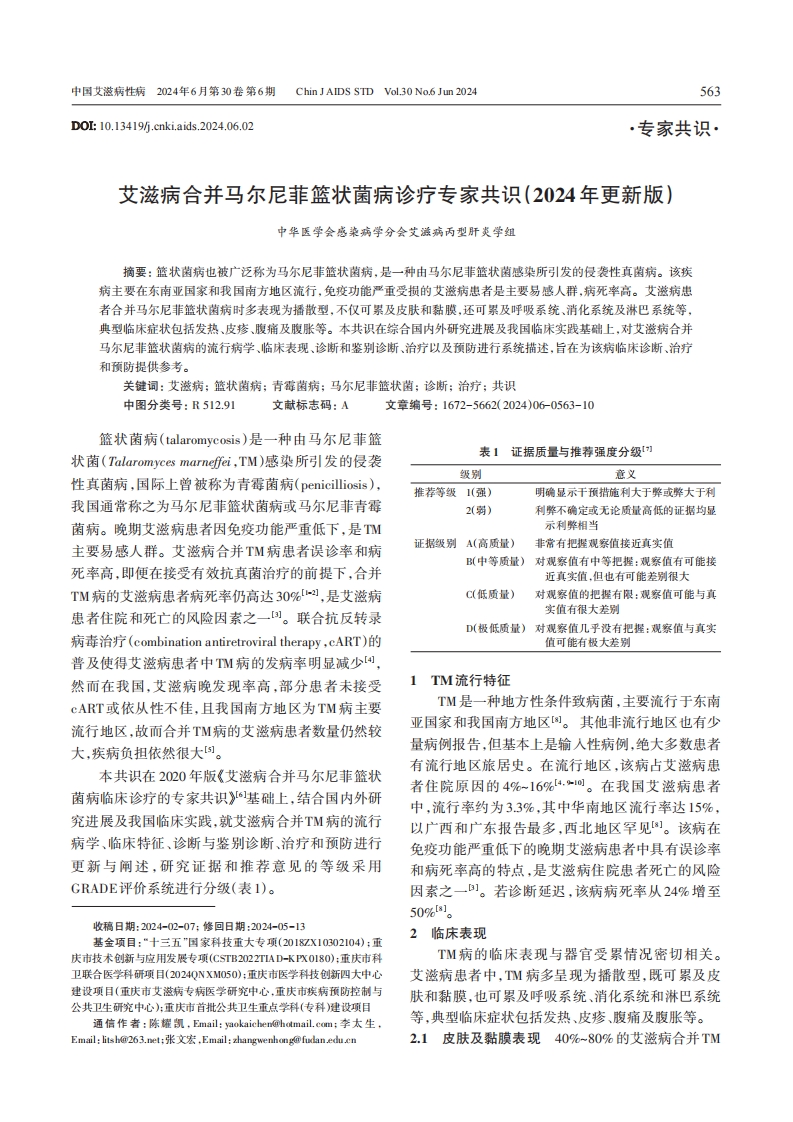 艾滋病合并马尔尼菲篮状菌病诊疗专家共识（2024年更新版）