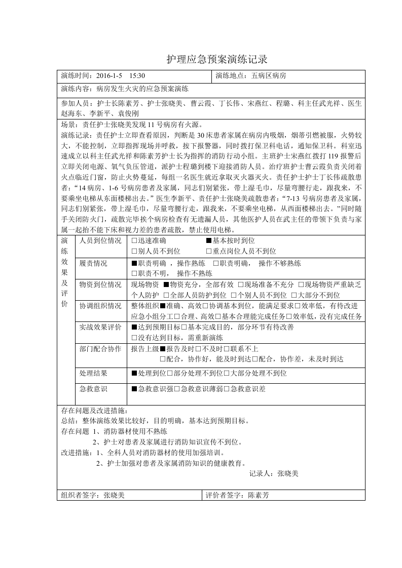 病房发生火灾应急演练脚本记录