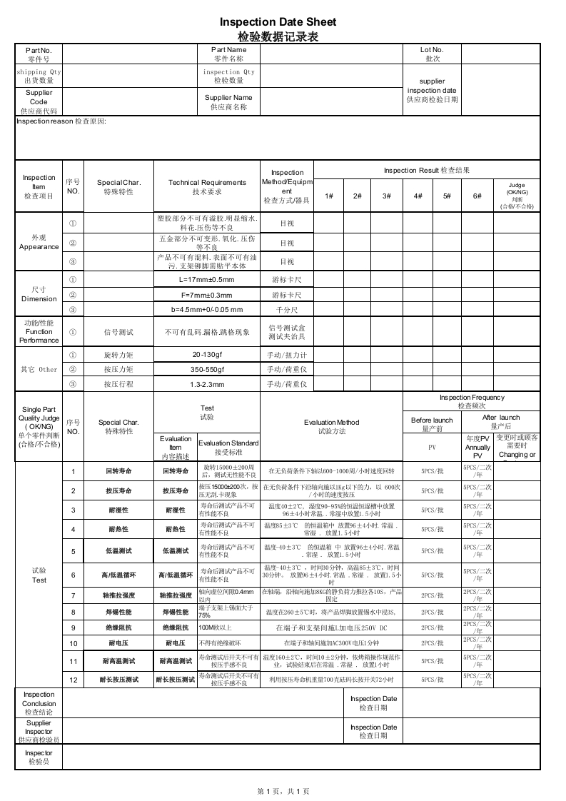 检验数据记录表