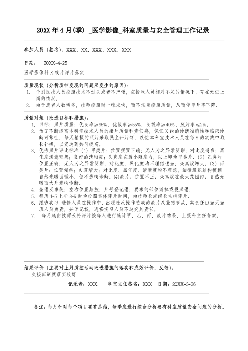 20XX年4月科室质量监控安全记录