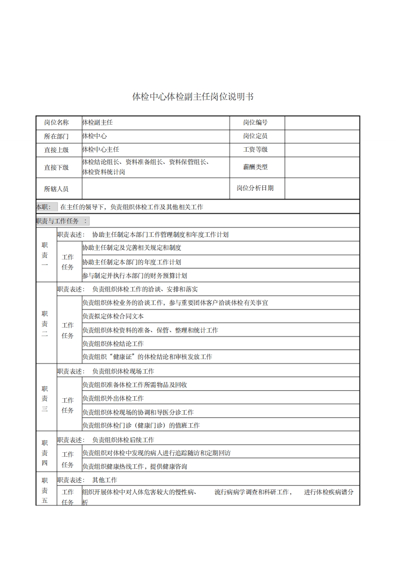 体检中心体检副主任岗位说明书