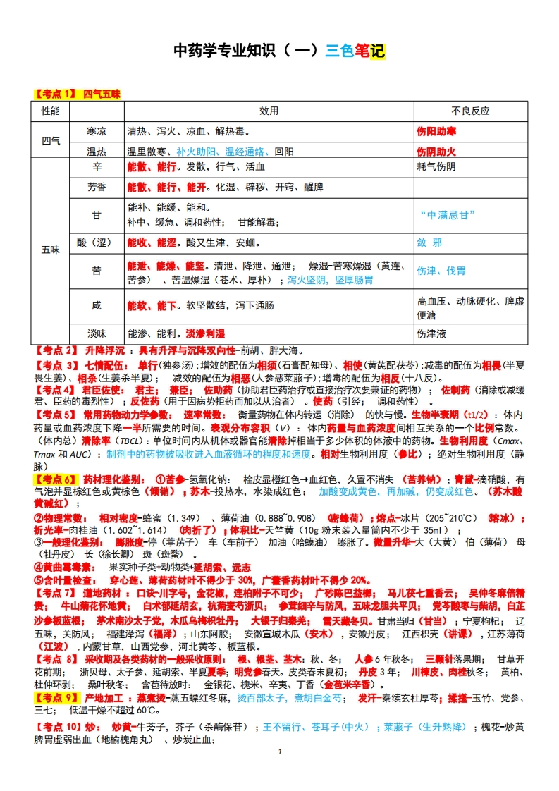 《中药一》三色笔记